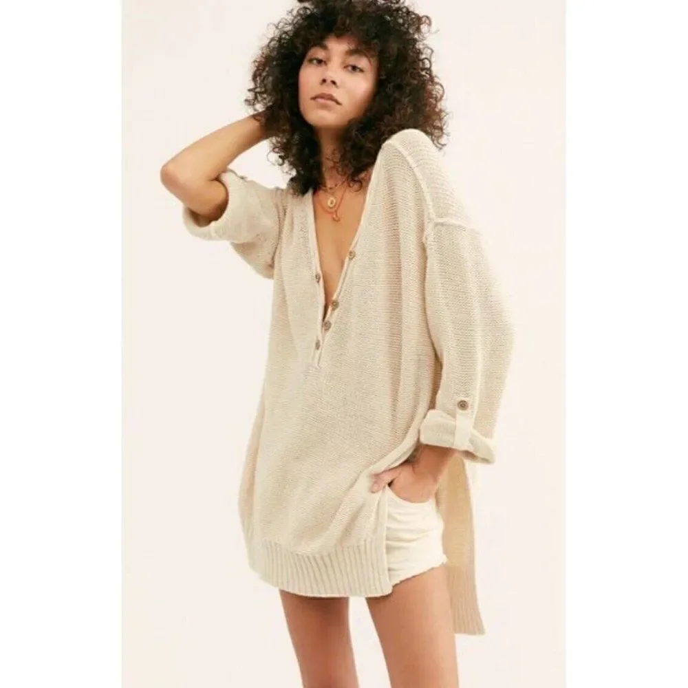 NEW WE THE FREE PEOPLE Sz S FIREFLY TUNIC HENLEY SWEATER IN NATURAL